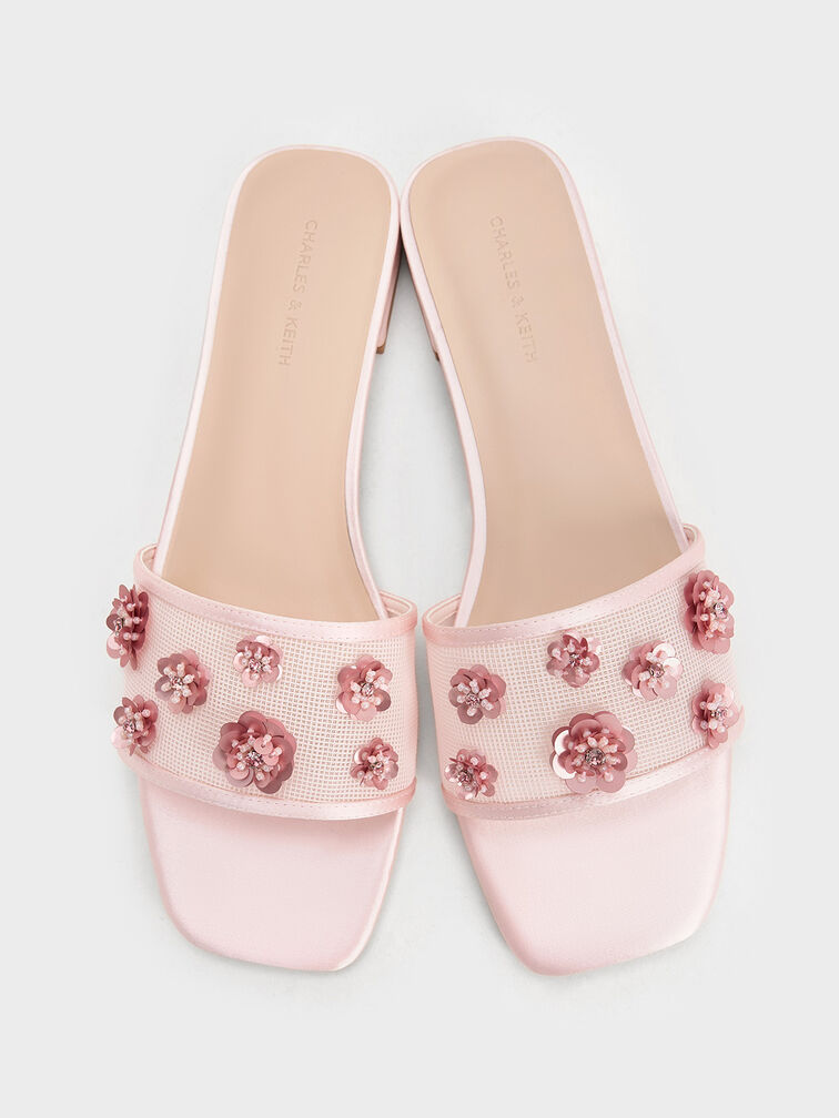 Mesh & Satin Sequin-Flower Slide Sandals, Pink, hi-res
