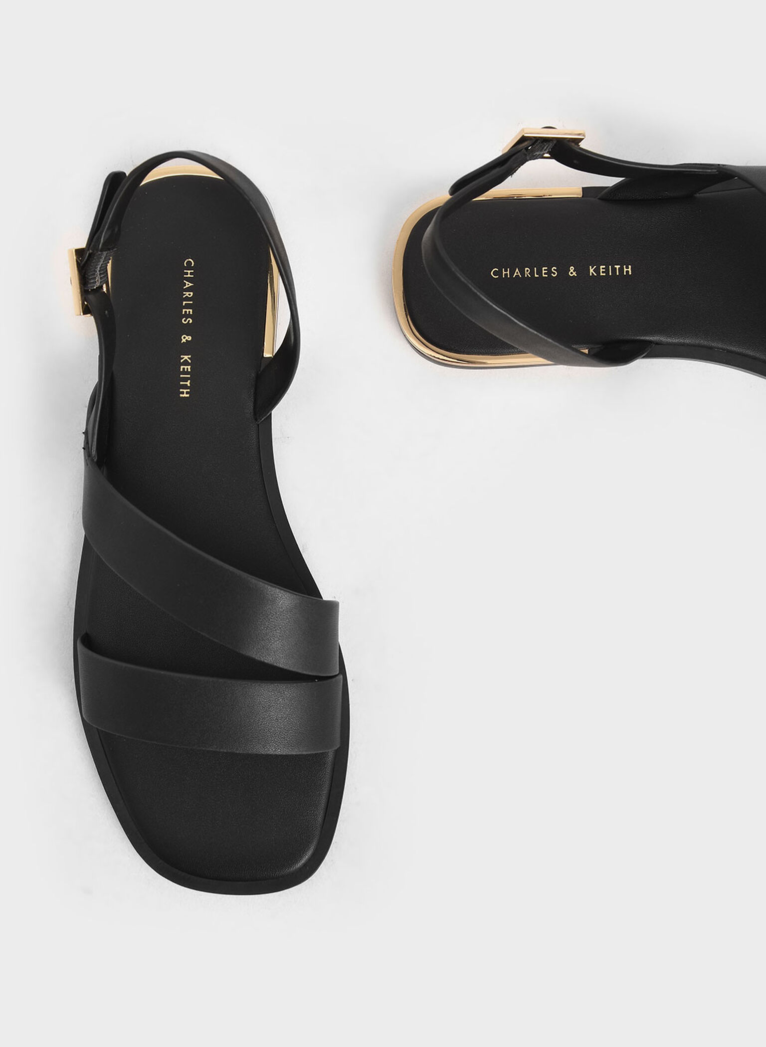 Asymmetric Strap Slingback Flats, Black, hi-res
