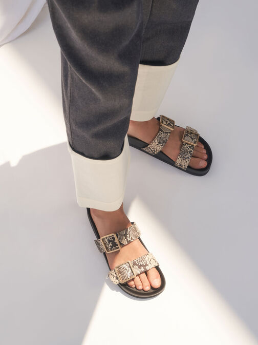 Snake Print Buckle Strap Slide Sandals, Animal Print Natural, hi-res