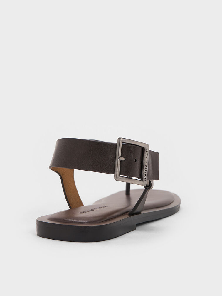 Wide-Strap Buckled Thong Sandals, Brown, hi-res