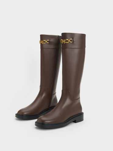 Bryn Metallic Chain Accent Knee-High Boots, Dark Brown, hi-res