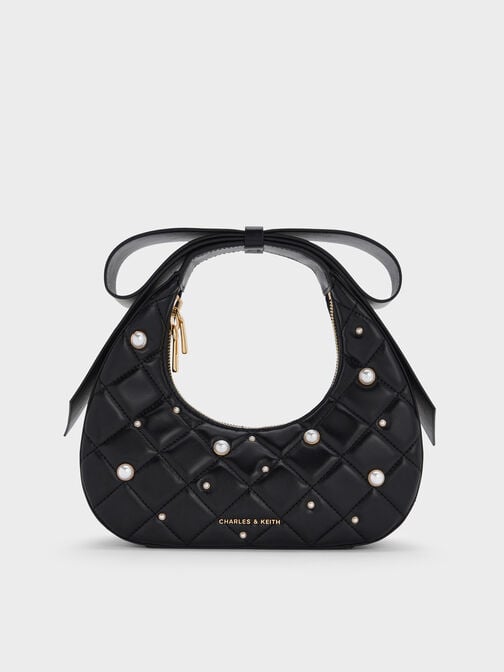 Janie Quilted Pearl Bow-Handle Bag, Black, hi-res