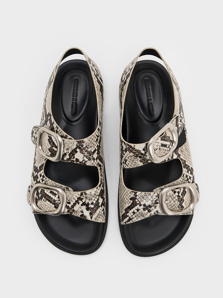 Snake-Print Buckled Double-Strap Slingback Sandals, Animal Print Natural, hi-res