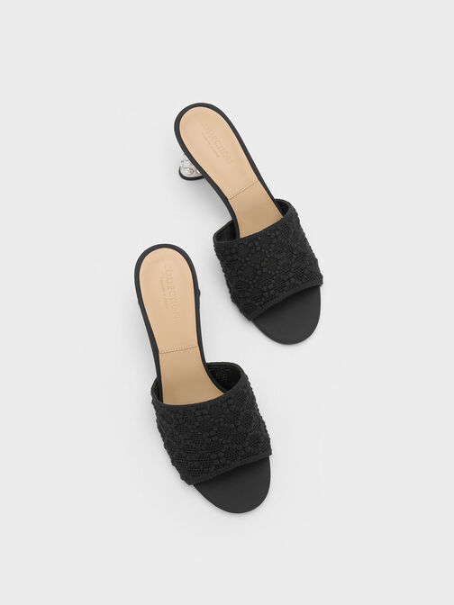 Beaded Heel Crochet Mules, Black, hi-res