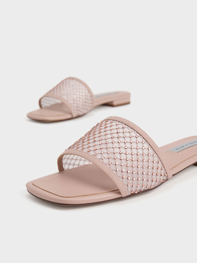 Gem-Encrusted Mesh Slide Sandals, Nude, hi-res