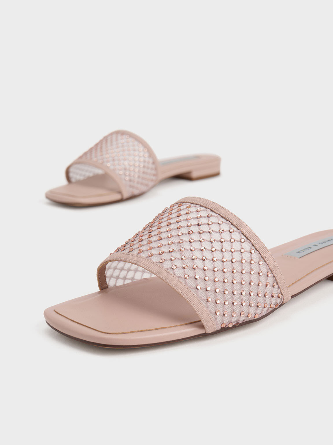 Gem-Encrusted Mesh Slide Sandals, Nude, hi-res