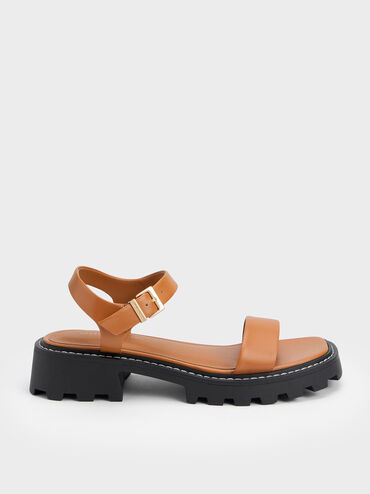 Stitch-Trim Buckled Sandals, Cognac, hi-res