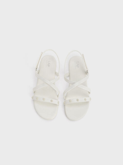 Girls' Flower-Beaded Strappy Sandals, White, hi-res