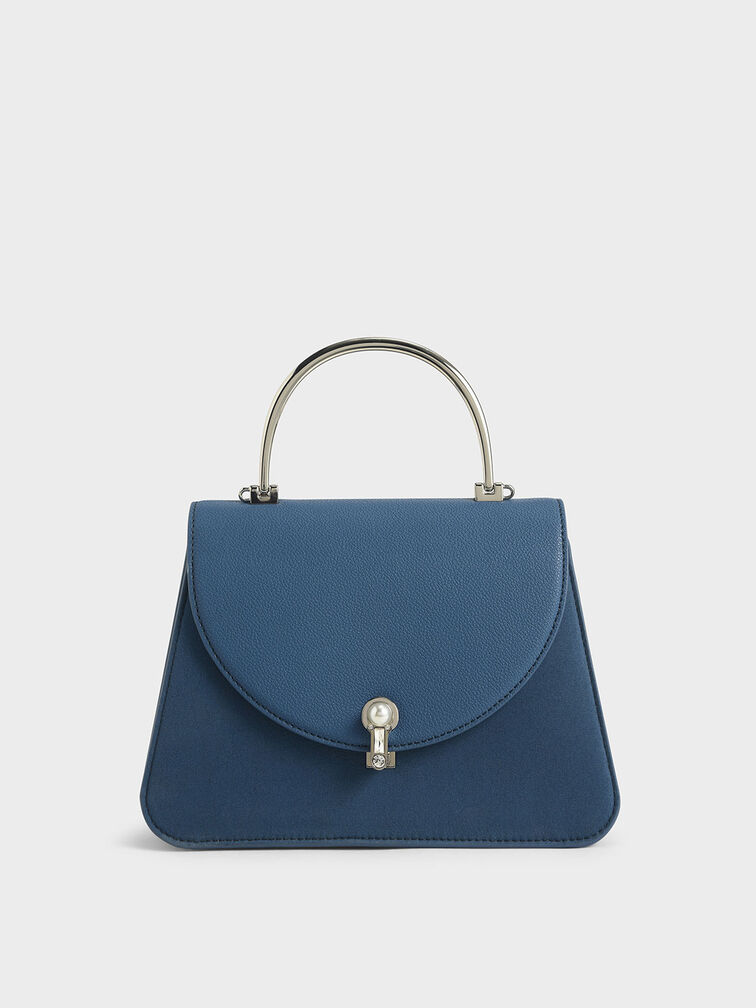 Textured Metal Top Handle Bag, Blue, hi-res