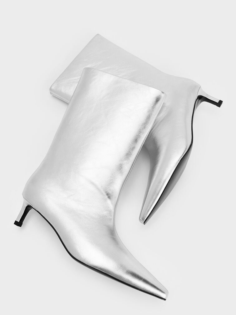 Metallic Elongated Tapered-Toe Kitten-Heel Calf Boots, Silver, hi-res