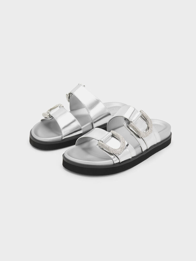 Gabine Crystal-Embellished Metallic Leather Slides, Silver, hi-res