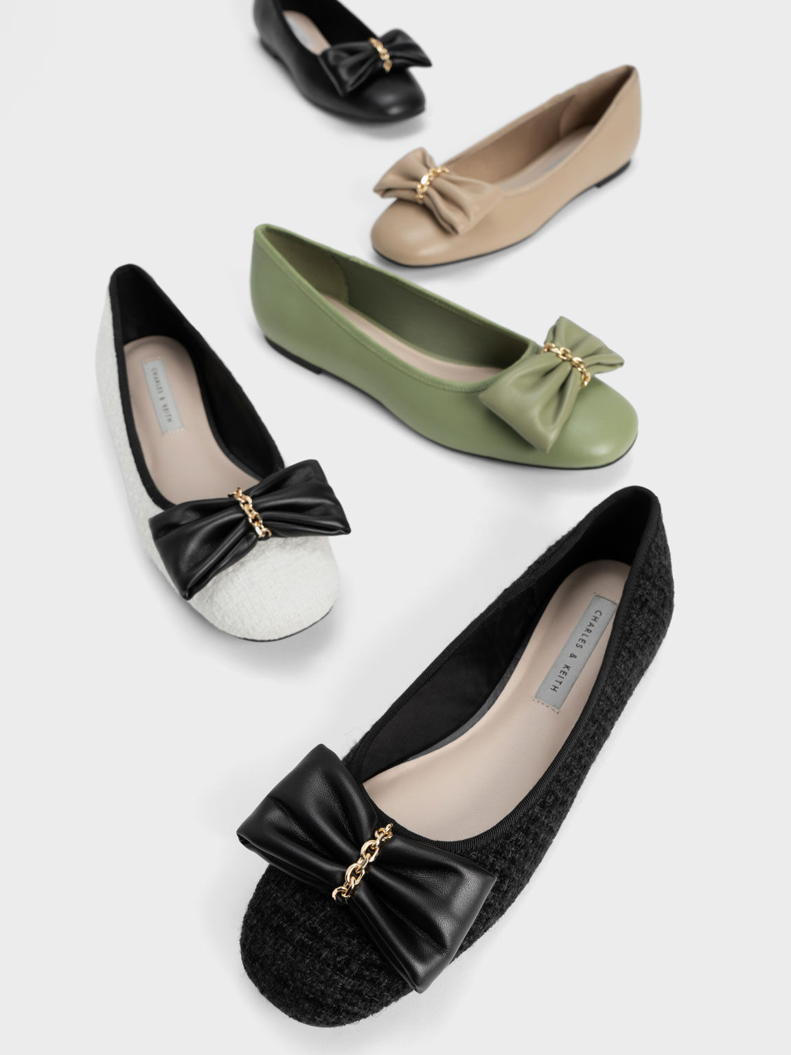Chain-Link Bow Ballerinas, Beige, hi-res