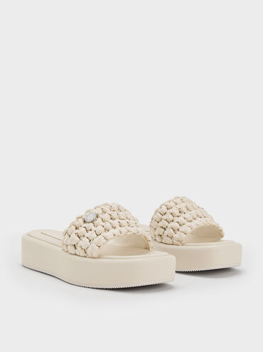 Raffia Woven Flatform Sandals, Chalk, hi-res