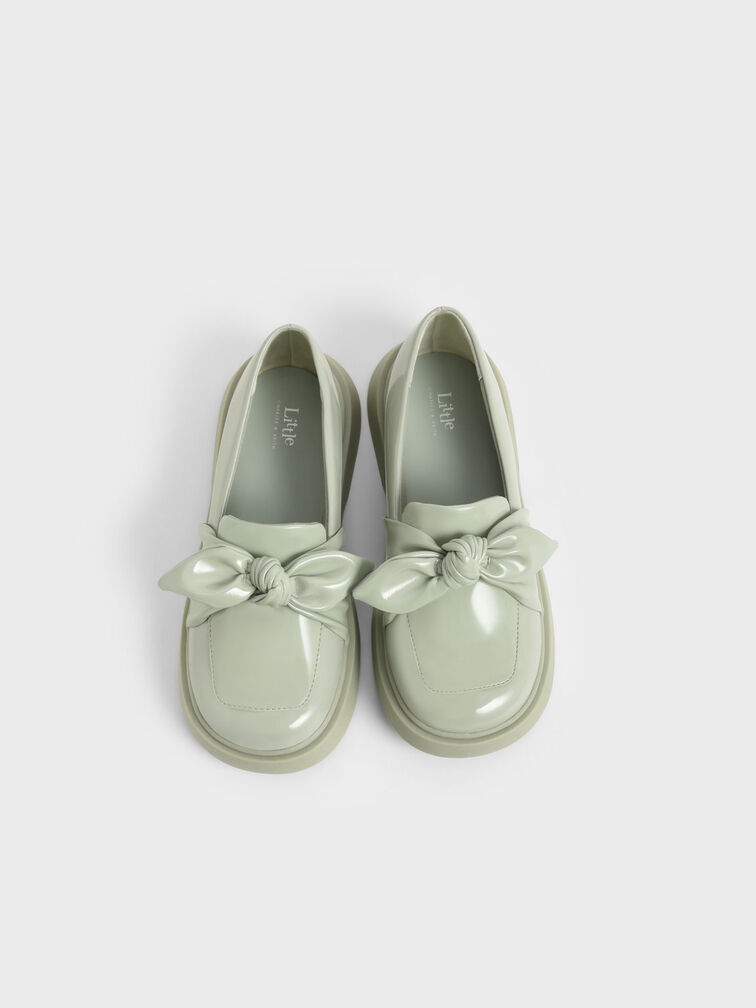 Girls' Patent Bow Loafers, Sage Green, hi-res