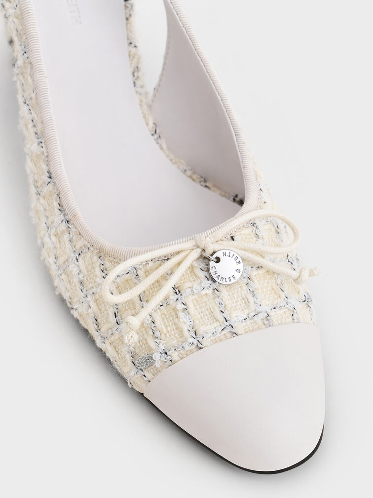 Tweed Bow Cap-Toe Slingback Pumps, Multi, hi-res