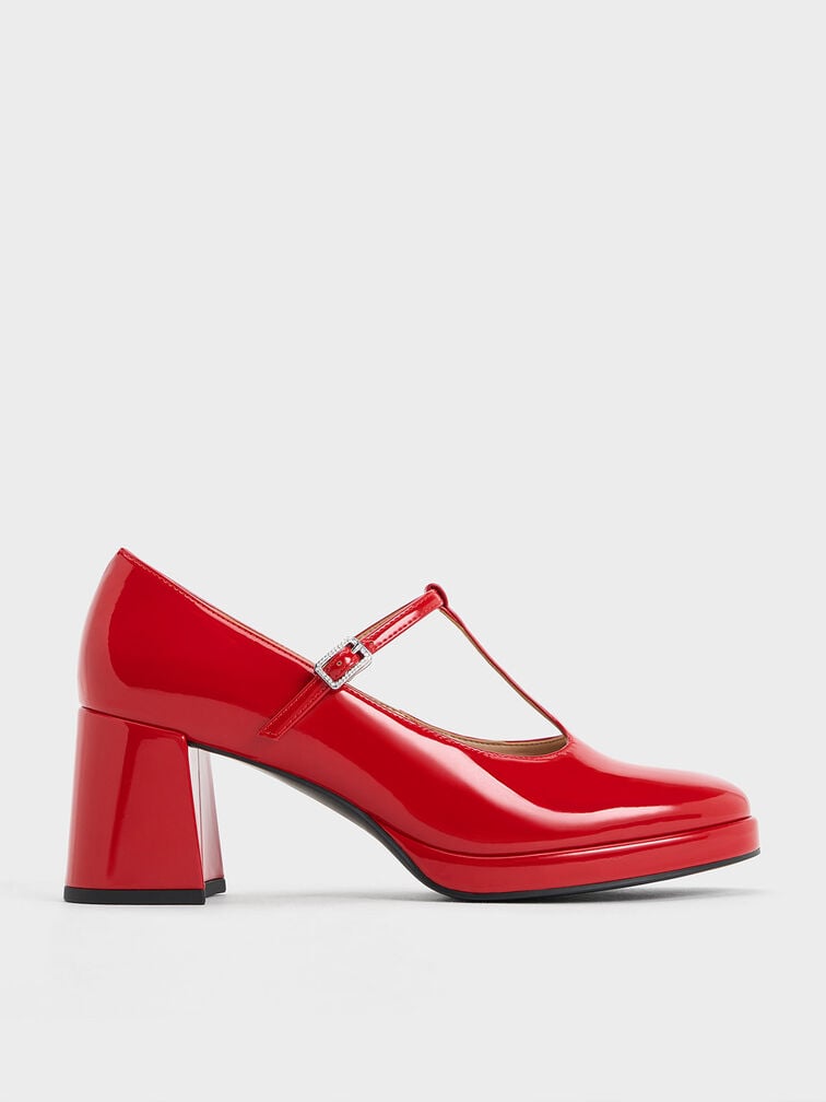 Crystal-Buckle T-Bar Mary Jane Pumps, Red, hi-res