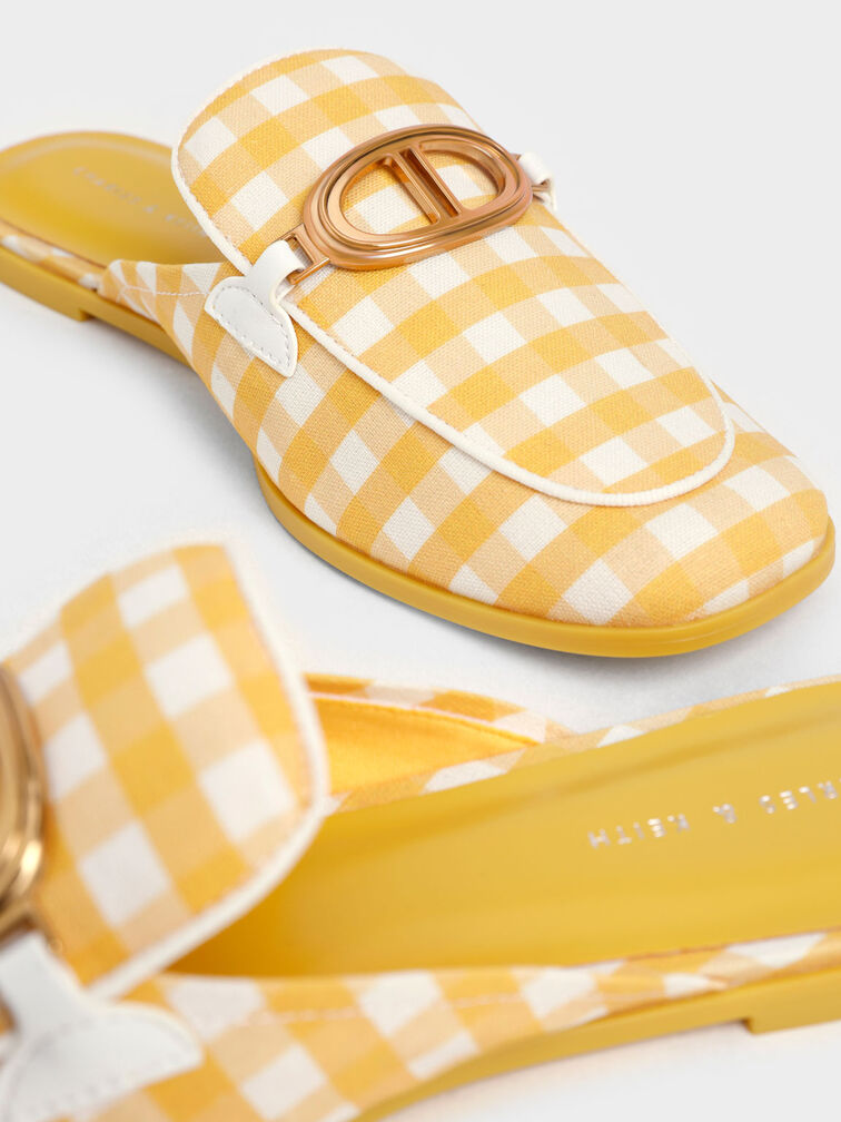 Metallic Accent Linen Gingham-Print Loafer Mules, Yellow, hi-res