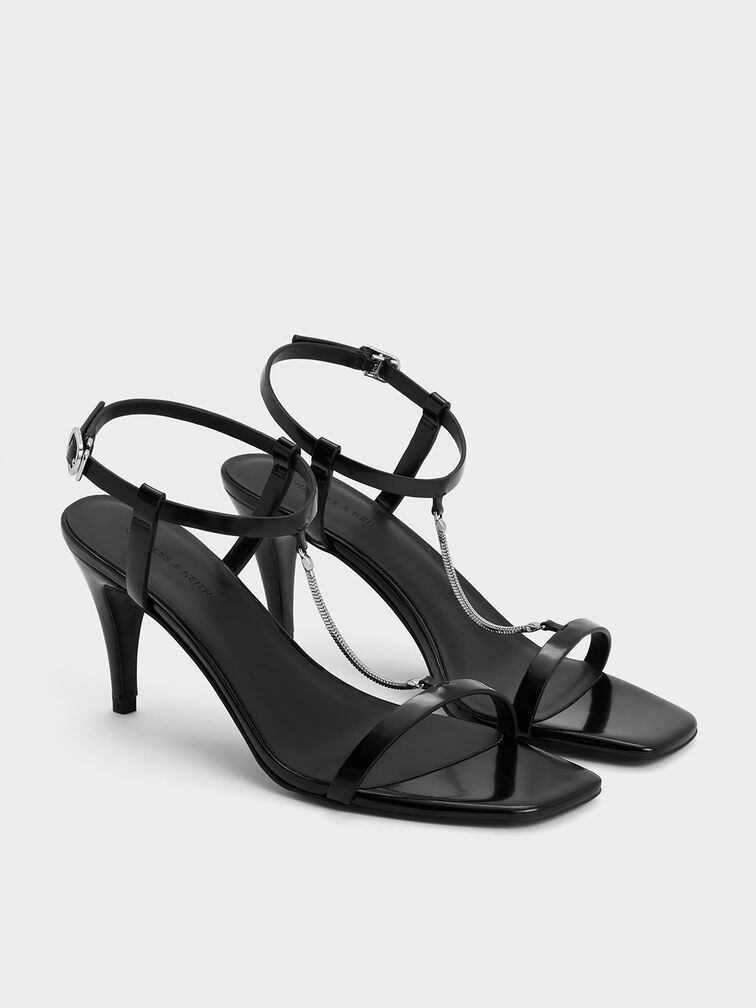 Chain-Strap Square-Toe Heeled Sandals, Black Box, hi-res