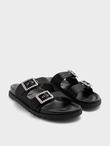 Sandalias de poliéster reciclado de doble tira y hebilla con gemas, Negro texturizado, hi-res