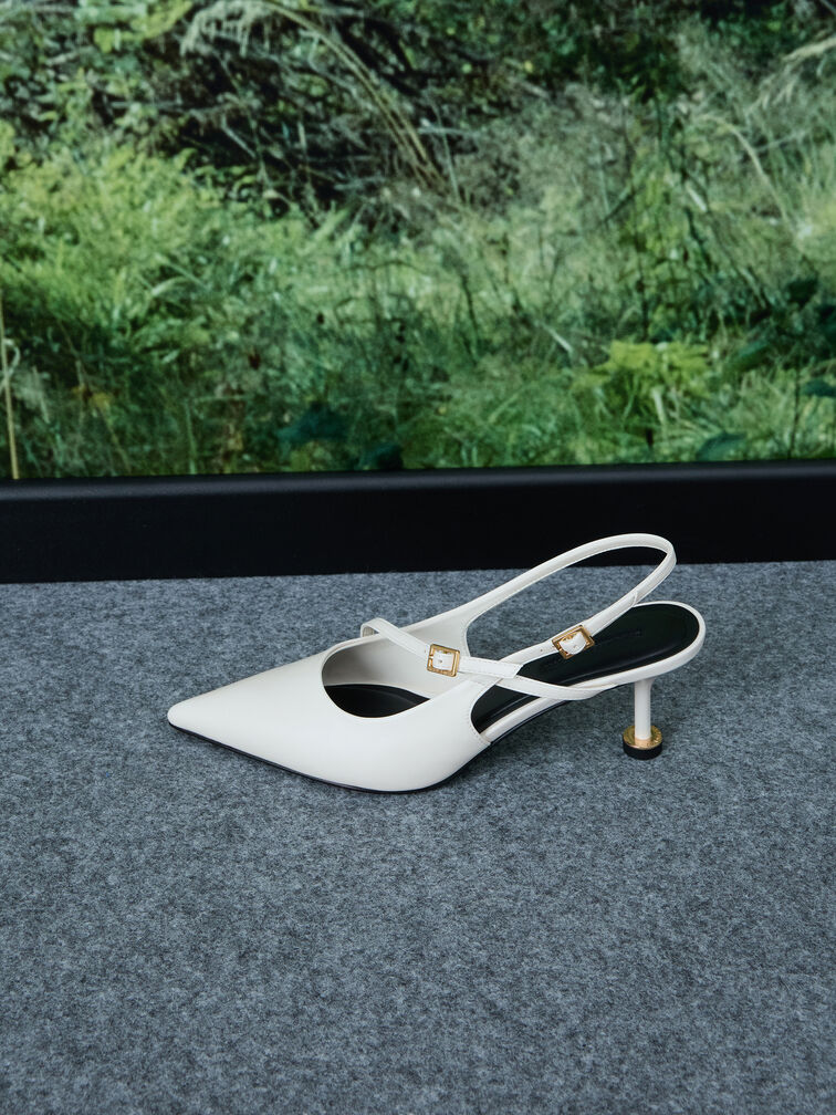 Slingbacks de tacón escultural con hebilla, Blanco, hi-res