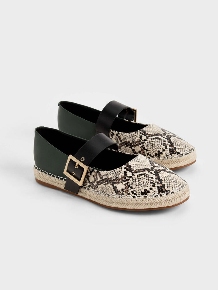 Snake-Print Buckled Espadrille Flats, Animal Print Natural, hi-res