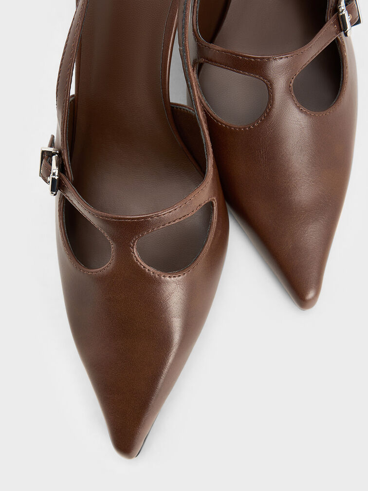 T-Bar Pointed-Toe Slingback Pumps, Brown, hi-res