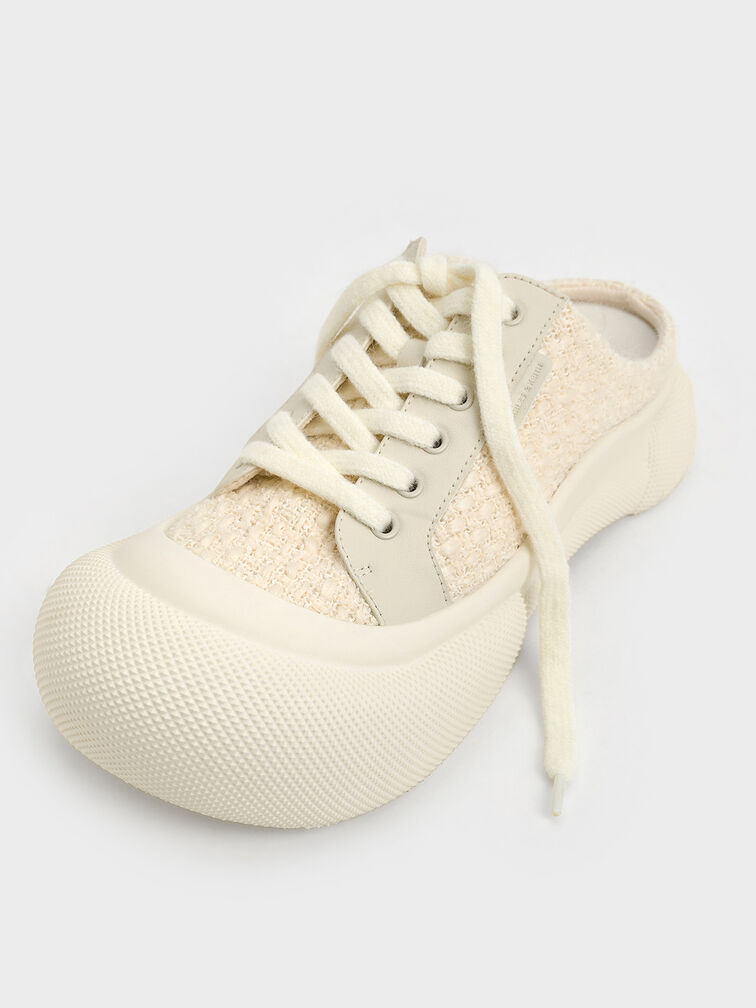 Tweed Lace-Up Slip-On Sneakers, Chalk, hi-res