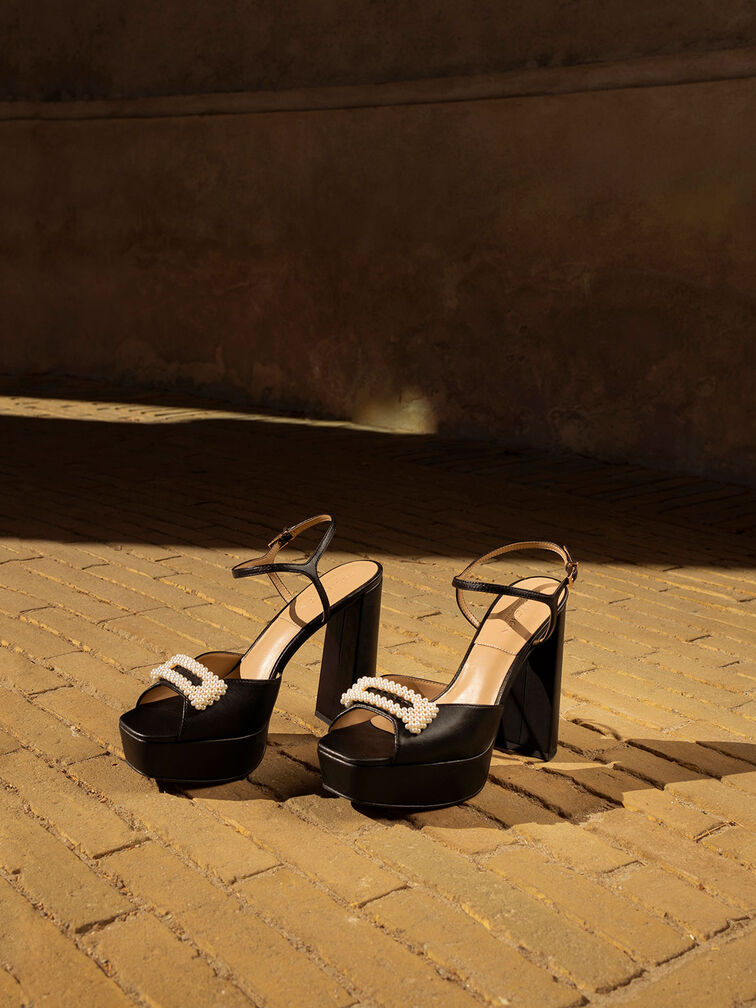 Bead-Embellished Leather Platform Sandals, Black, hi-res