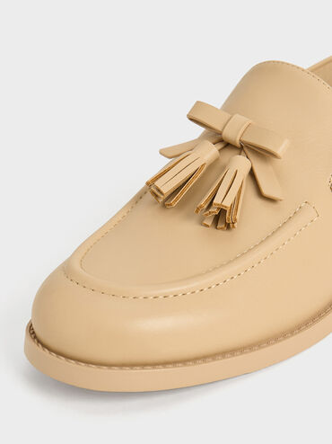 Bow Tassel Loafers, Beige, hi-res