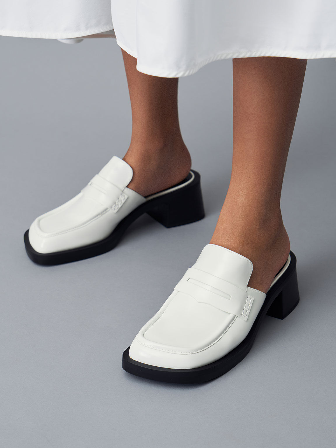 Penny Loafer Block Heel Mules, White, hi-res