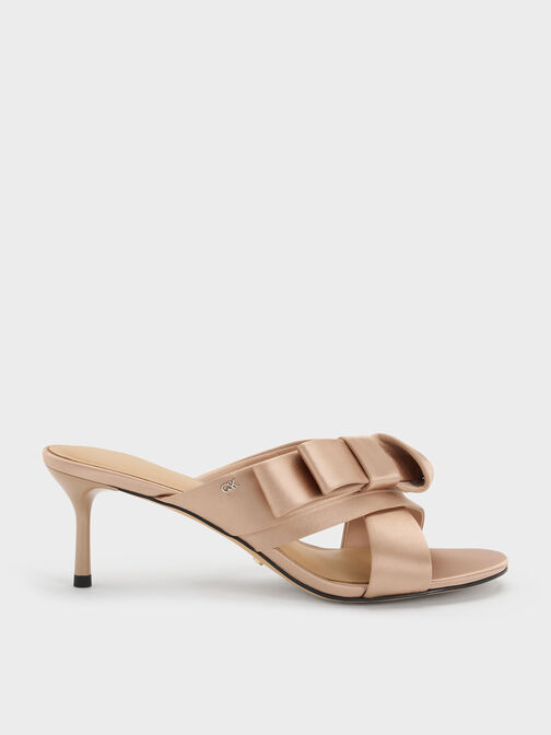 Pleated-Bow Heeled Mules, Nude, hi-res