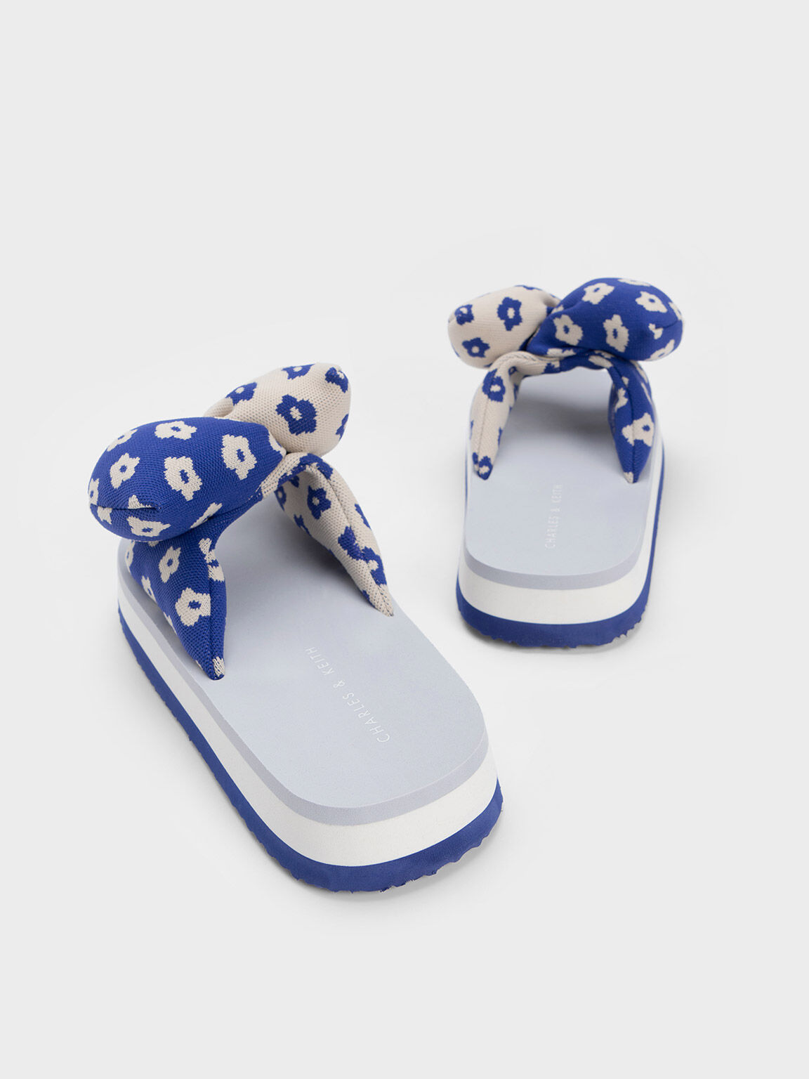 Floral Puffy Bow Slides, Blue, hi-res