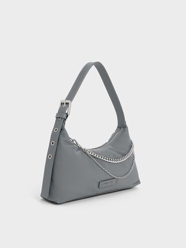 Bolso trapezoidal de nylon con cadena, Gris, hi-res
