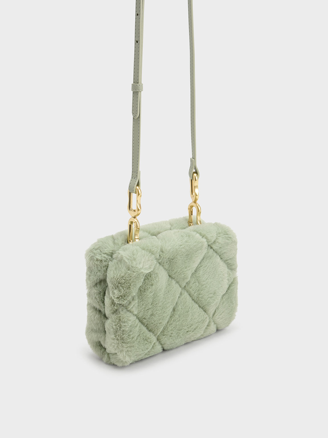 Gemma Chunky Chain Handle Furry Quilted Boxy Bag, Mint Green, hi-res
