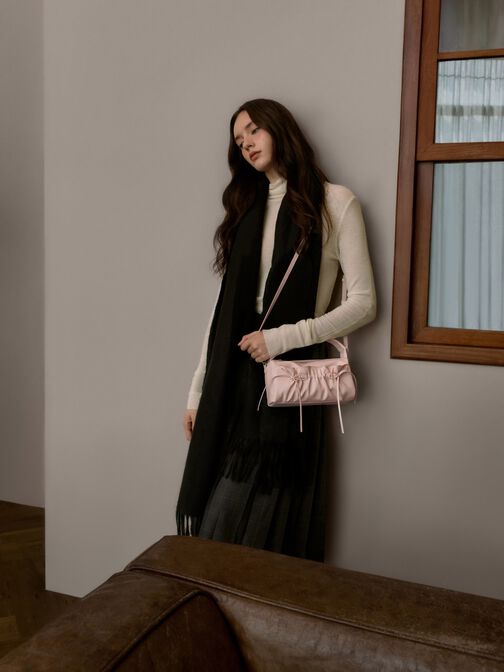Reese Ruched Bow Top Handle Bag, Soft Pink, hi-res