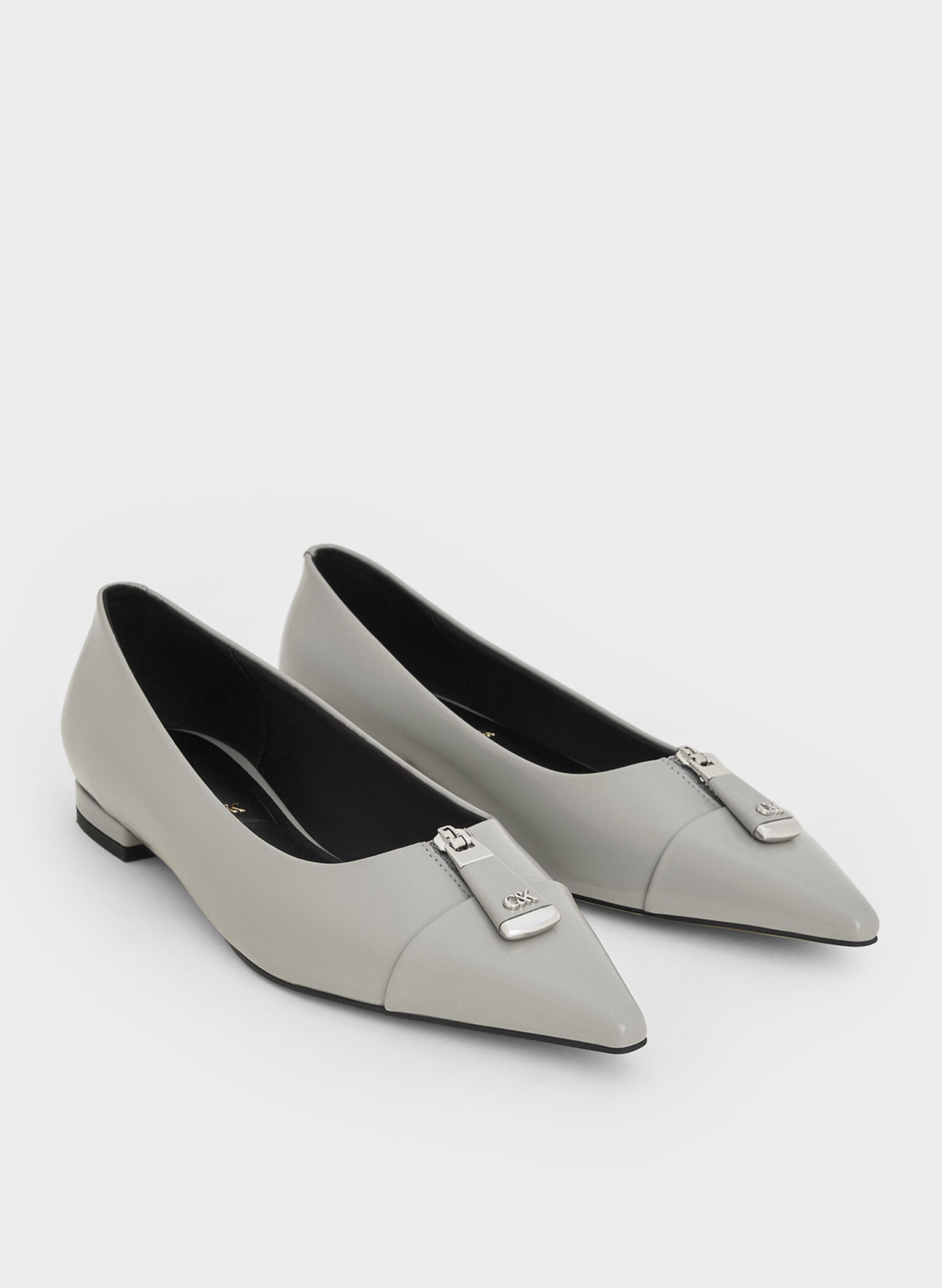 Nina Leather Pointed Cap-Toe Flats, Grey, hi-res