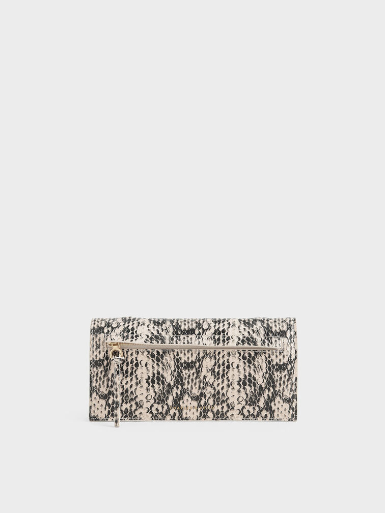 Mini Snake Print Front Zip Long Wallet, Cream, hi-res