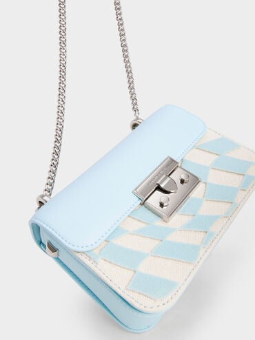 Metallic Push-Lock Checkered Chain Bag, Light Blue, hi-res