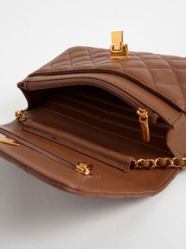 Quilted Push-Lock Clutch, Chocolate, hi-res
