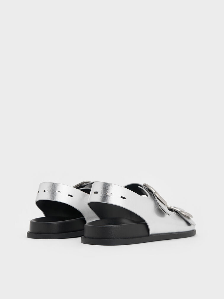 Metallic Buckled Double-Strap Slingback Sandals, Silver, hi-res