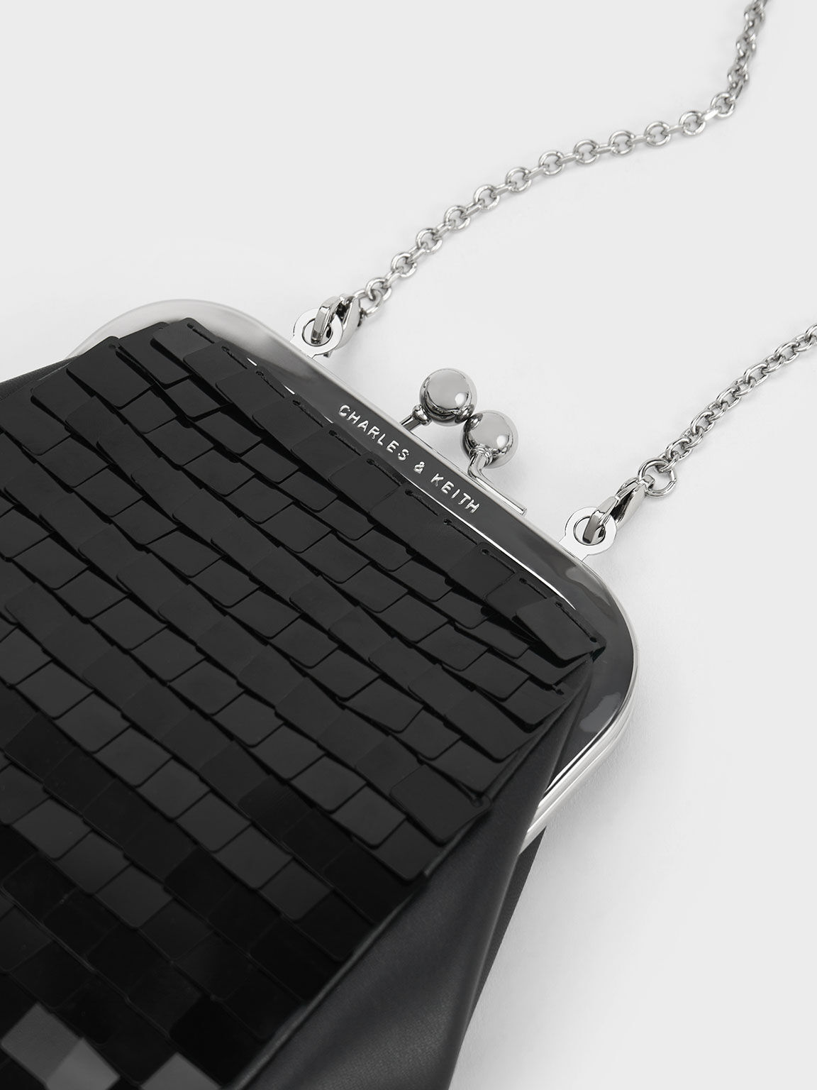 Disc-Embellished Chain Handle Pouch, Black, hi-res