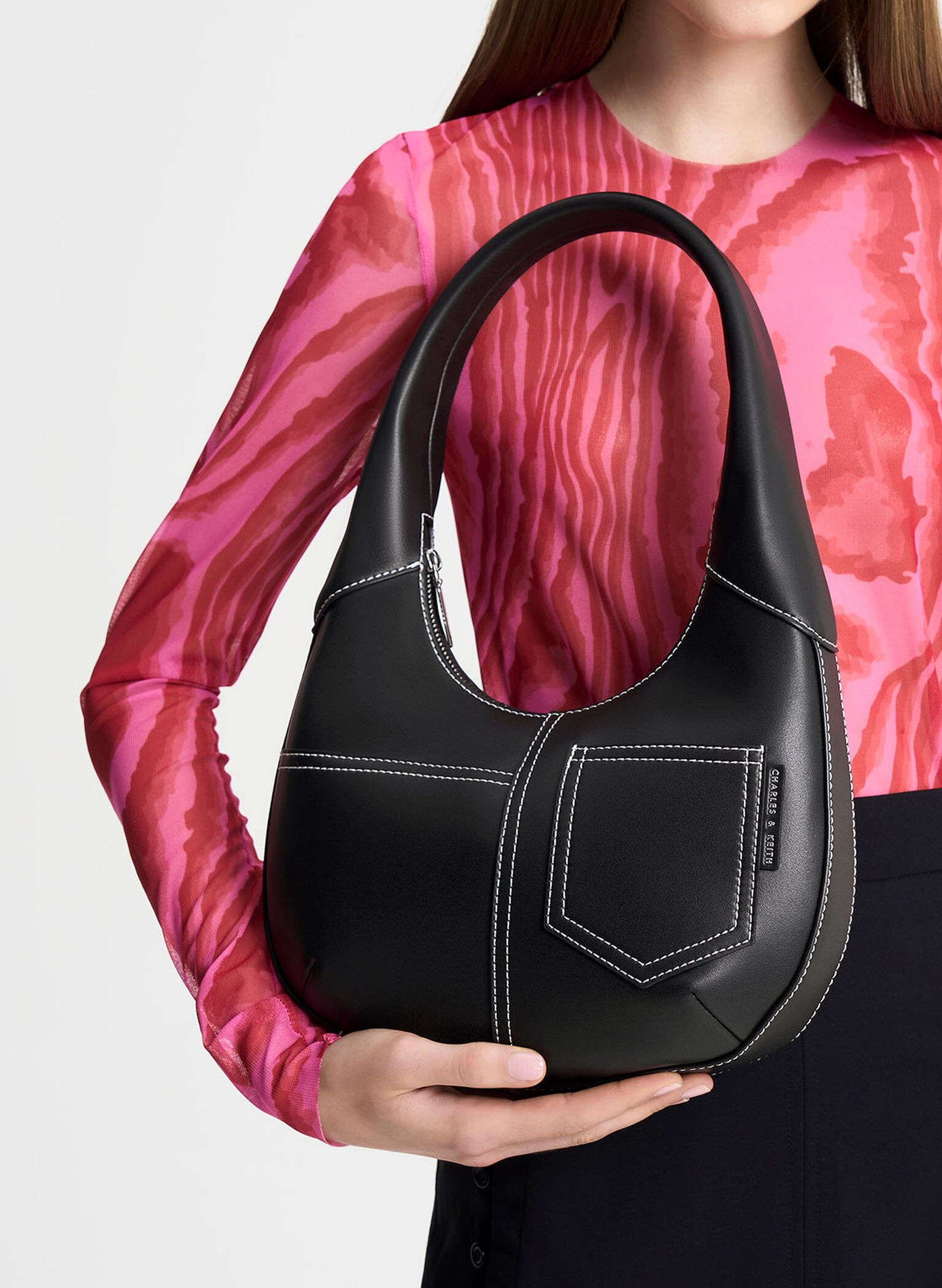Black Anthea Contrast-Trim Curved Hobo Bag | CHARLES & KEITH