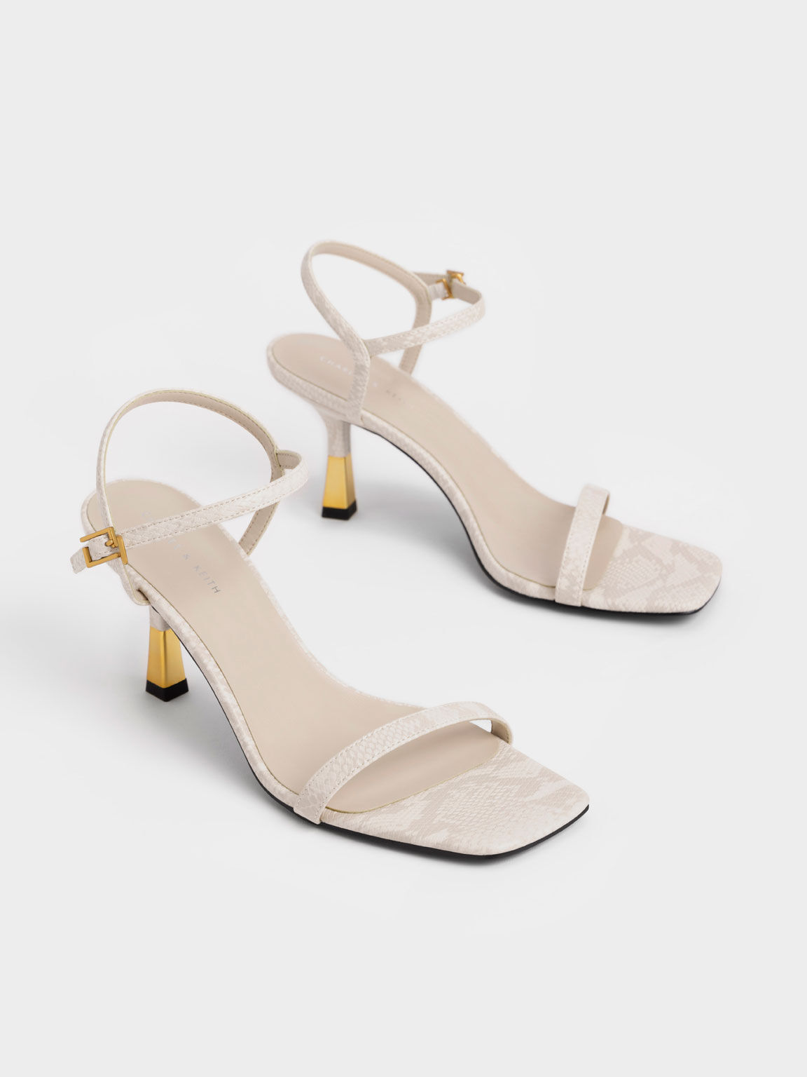 White Snake Print Ankle Strap Heeled Sandals CHARLES KEITH AE