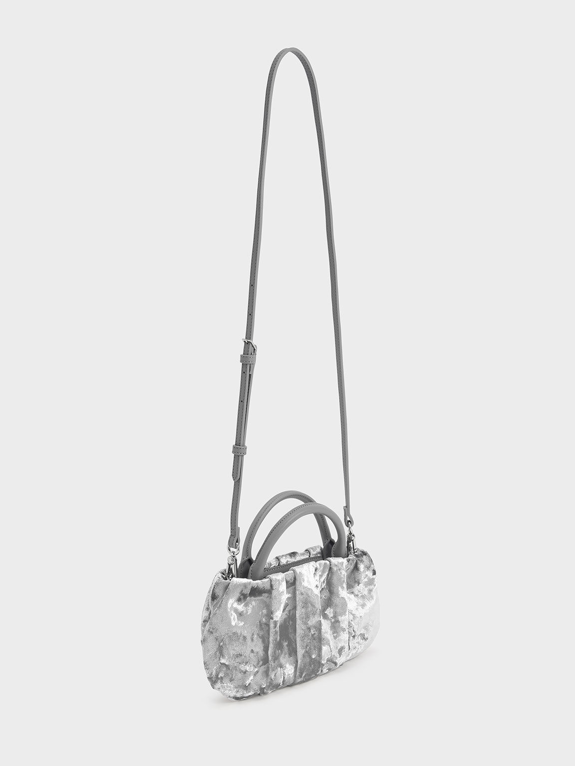 Claudette Ruched Velvet Top Handle Bag, Grey, hi-res