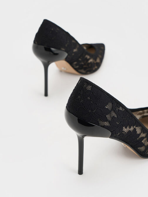 Lace & Mesh Pointed-Toe Pumps, Black Textured, hi-res