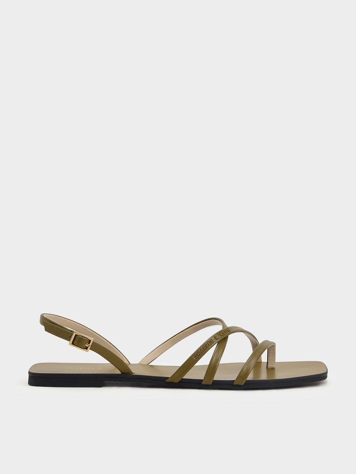 Strappy Square-Toe Slingback Sandals, Olive, hi-res