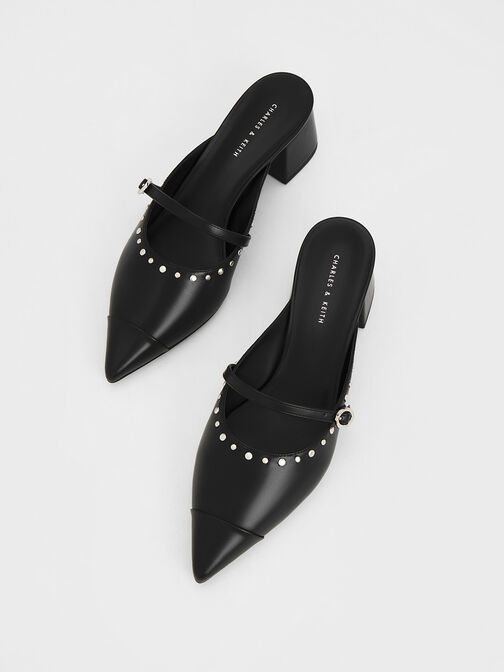 Studded Pointed-Toe Block Heel Mules, Black, hi-res