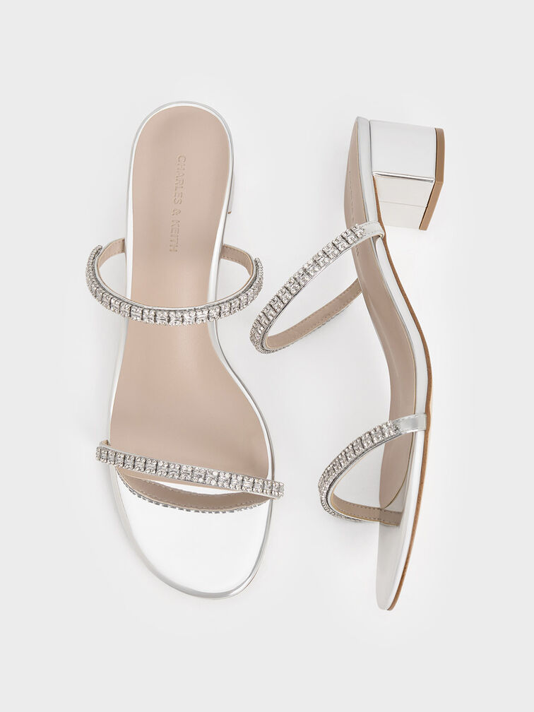 Ambrosia Metallic Gem-Embellished Mules, Silver, hi-res