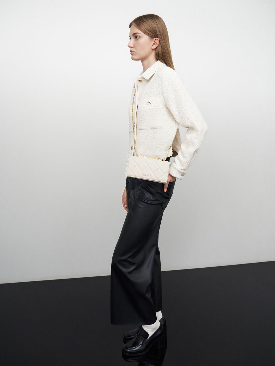 Cream Paffuto Chain Handle Quilted Long Wallet CHARLES & KEITH US