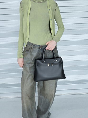Bolso tote trapezoidal Voyager de cuero, Negro, hi-res